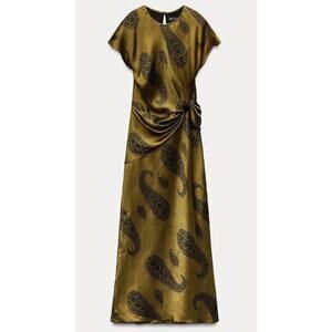 ZARA 2024 KHAKI GOLDEN PAISLEY PRINT SATIN MIDI DRESS BOW Size Small 8968/191